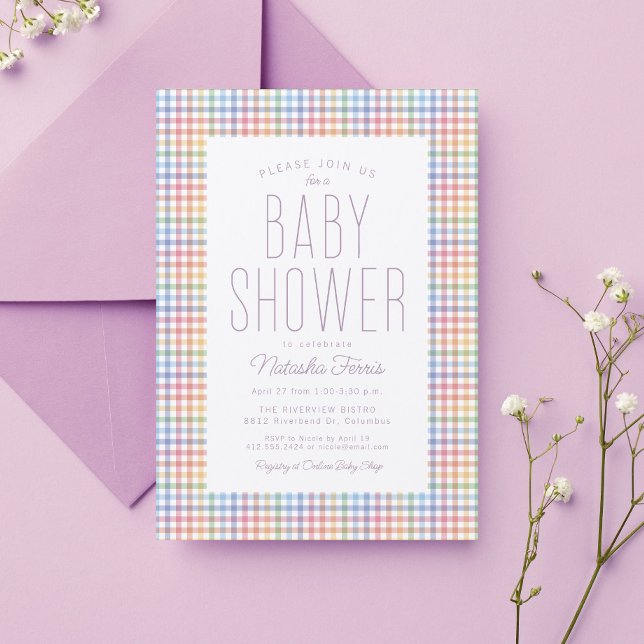 Regnbåge gingham randig söt pastell baby shower inbjudningar (Skapare uppladdad)