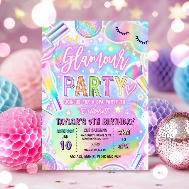 Regnbåge Glamour Spa Smink Fest Fördärva Födelseda Inbjudningar (Skapare uppladdad)