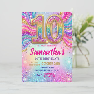 Regnbåge Glitter 10-års födelsedagsfest Inbjudningar