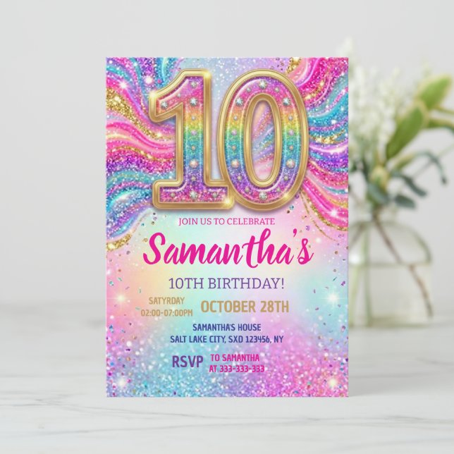Regnbåge Glitter 10-års födelsedagsfest Inbjudningar (Stående Fram)