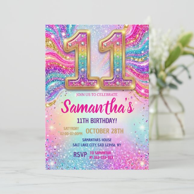Regnbåge Glitter 11-års födelsedagsfest  Inbjudningar (Stående Fram)