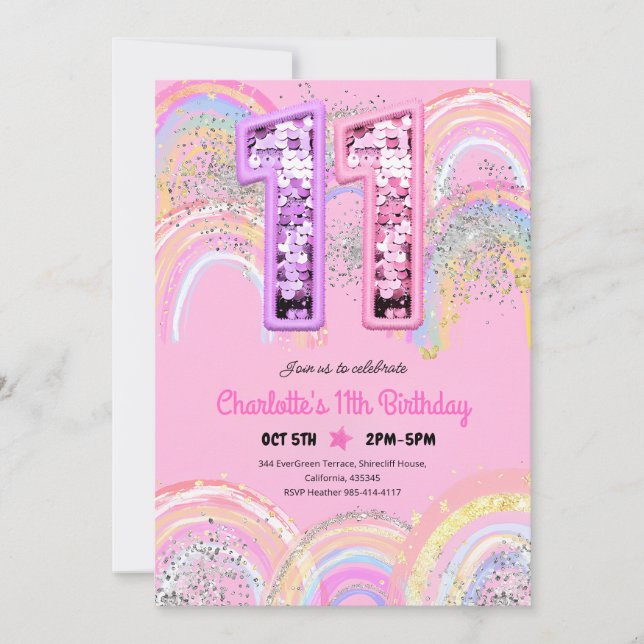 Regnbåge Glitter 11-årsdag Inbjudningar (Framsida)