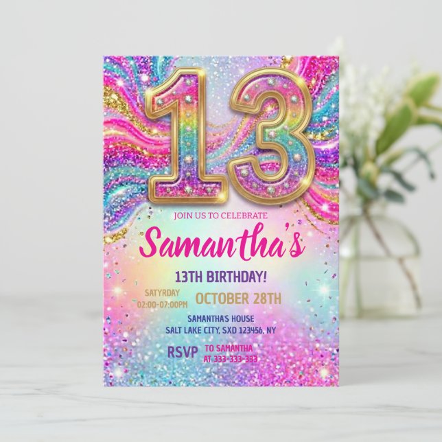 Regnbåge Glitter 13-års födelsedagsfest Inbjudningar (Stående Fram)