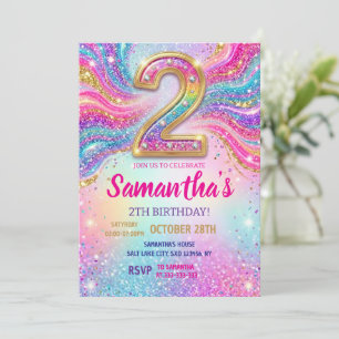 Regnbåge Glitter 2-års födelsedagsfest Inbjudningar