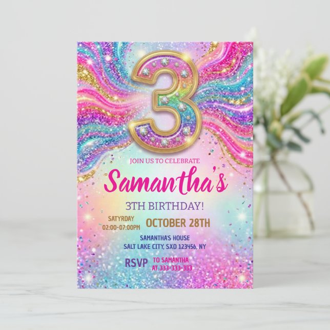 Regnbåge Glitter 3-års Födelsedagsfest Inbjudningar (Stående Fram)
