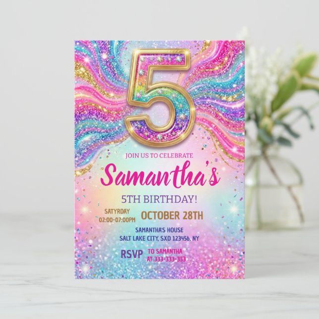 Regnbåge Glitter 5-års födelsedagsfest Inbjudningar (Stående Fram)