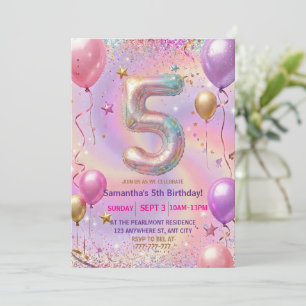 Regnbåge Glitter 5-års födelsedagsfest Inbjudningar