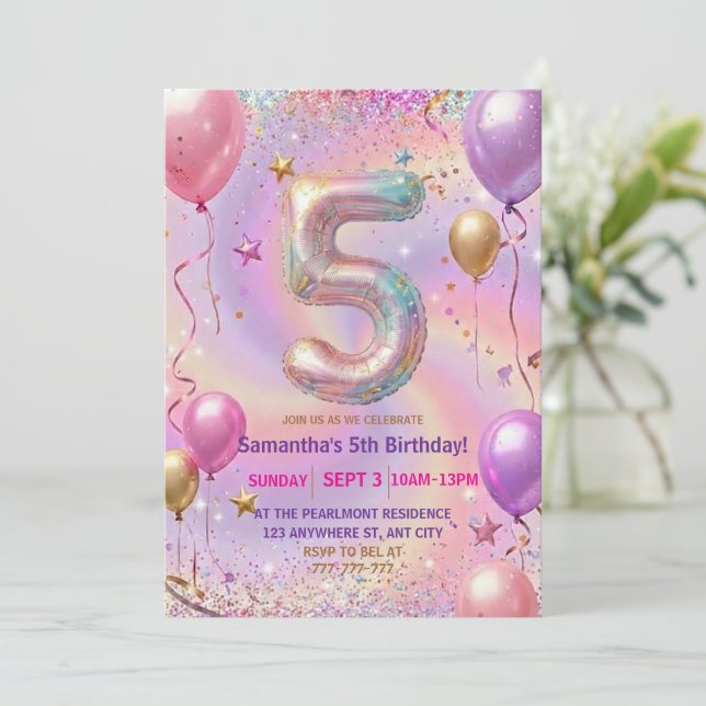 Regnbåge Glitter 5-års födelsedagsfest Inbjudningar (Stående Fram)