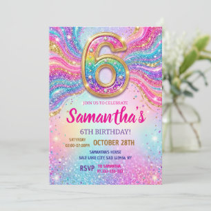 Regnbåge Glitter 6-års födelsedagsfest Inbjudningar