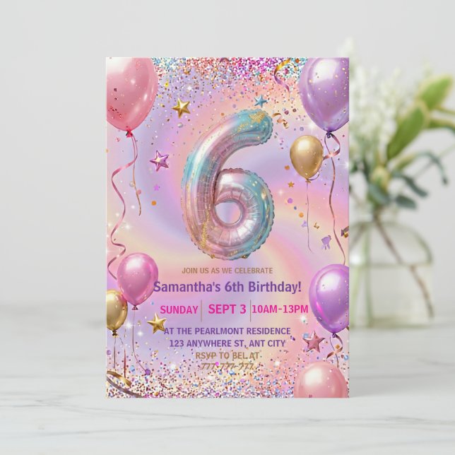 Regnbåge Glitter 6-års födelsedagsfest Inbjudningar (Stående Fram)