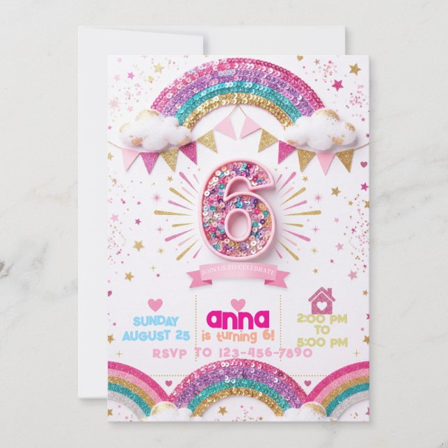 Regnbåge Glitter 6-årsdag Inbjudningar (Framsida)