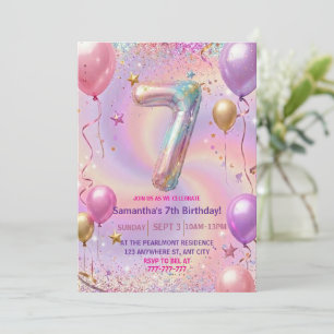 Regnbåge Glitter 7-års födelsedagsfest Inbjudningar