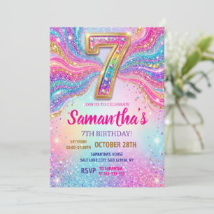 Regnbåge Glitter 7-års födelsedagsfest Inbjudningar