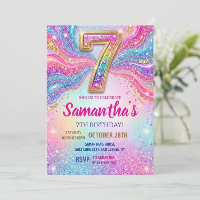Regnbåge Glitter 7-års födelsedagsfest Inbjudningar (Stående Fram)