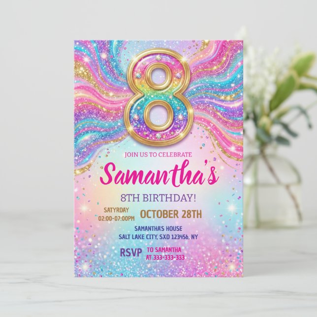 Regnbåge Glitter 8-års födelsedagsfest Inbjudningar (Stående Fram)