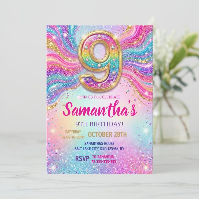 Regnbåge Glitter 9-års födelsedagsfest  Inbjudningar (Stående Fram)