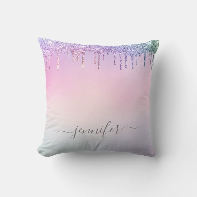 Regnbåge Glitter Droppande Glam Med Monogram Kudde (Framsida)