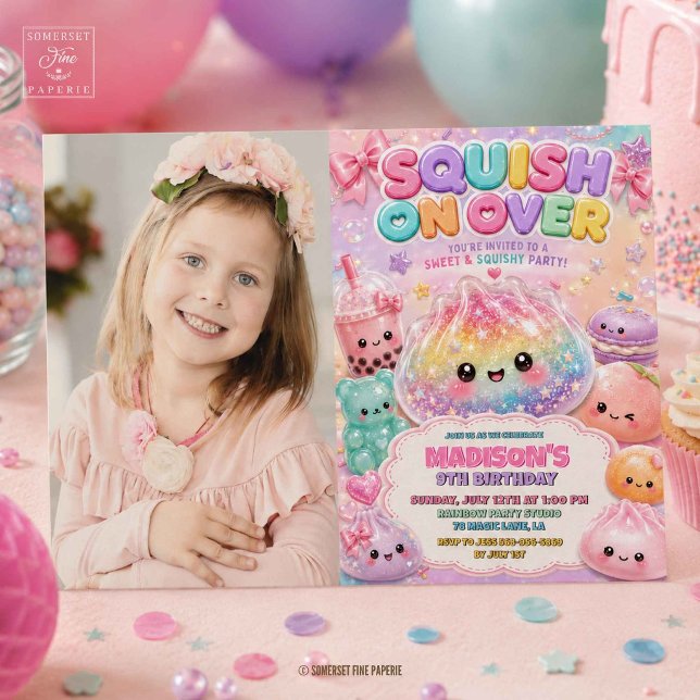 Regnbåge Glitter Dumpling Squishies Födelsedagsfes Inbjudningar (Rainbow Glitter Dumpling Squishies Birthday Party Invitation
)