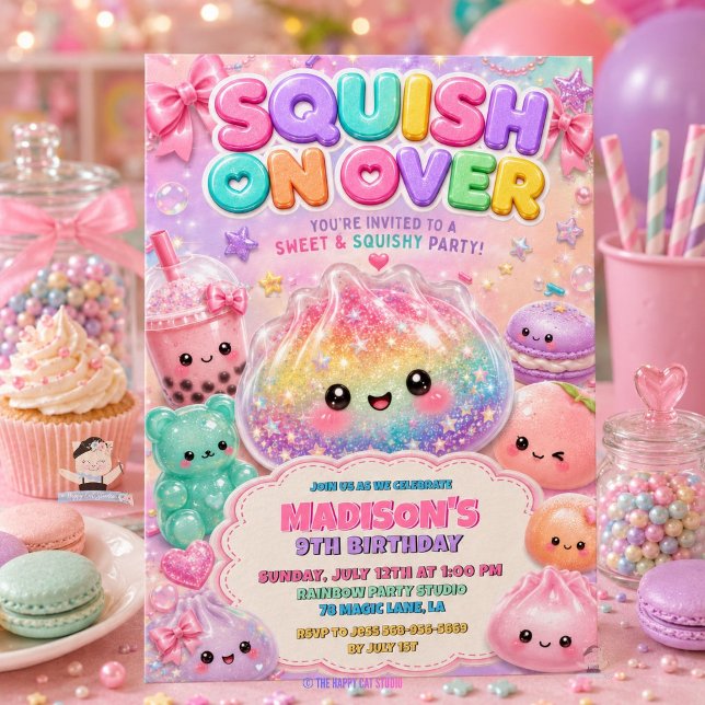 Regnbåge Glitter Dumpling Squishies Födelsedagsfes Inbjudningar (Rainbow Glitter Dumpling Squishies Birthday Party Invitation)