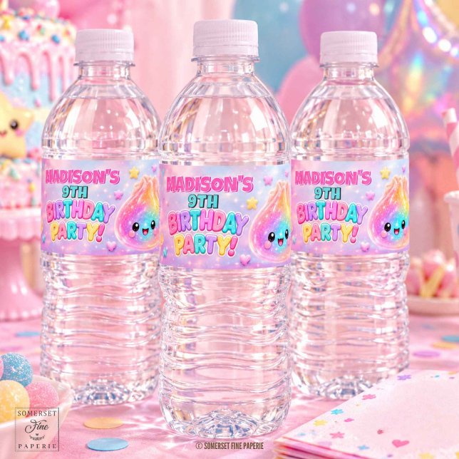Regnbåge Glitter Dumpling Squishies Födelsedagsfes Vattenflaska Etikett (Rainbow Glitter Dumpling Squishies Birthday Party Water Bottle Label)