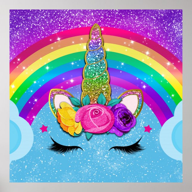 Regnbåge Glitter Enhörning Horn Ansikte Party Poster (Framsidan)