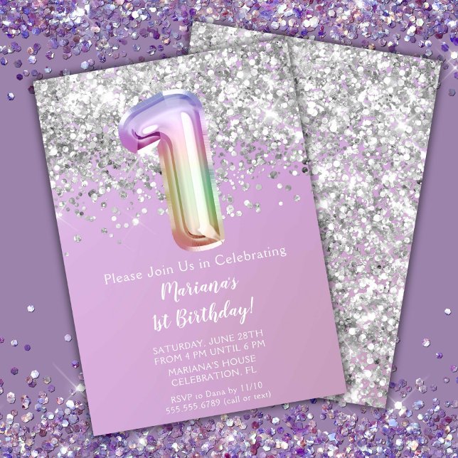 Regnbåge Glitter Flickas 1-års Födelsedagsfest Inbjudningar (Skapare uppladdad)