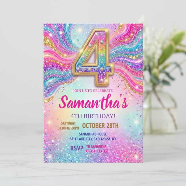 Regnbåge Glitter Födelsedagsfest 4 år Inbjudningar (Stående Fram)