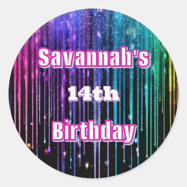 Regnbåge Glitter-Födelsedagsfest Runt Klistermärke (Framsida)