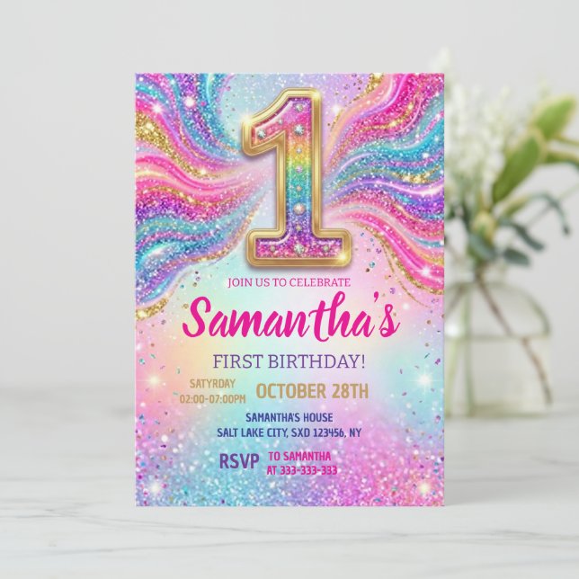 Regnbåge Glitter Första Födelsedagsfest Inbjudningar (Stående Fram)
