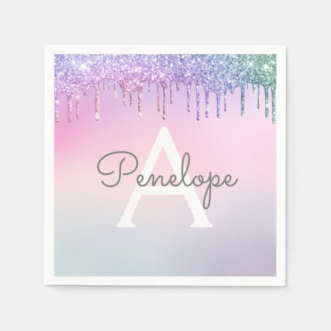 Regnbåge Glitter-glas med monogram Pappersservett (Framsidan)