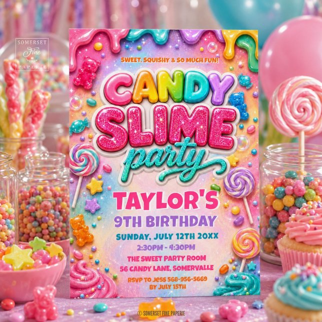 Regnbåge Glitter Godis Slime Födelsedagsfest Inbjudningar (Rainbow Glitter Candy Slime Birthday Party Invitation)