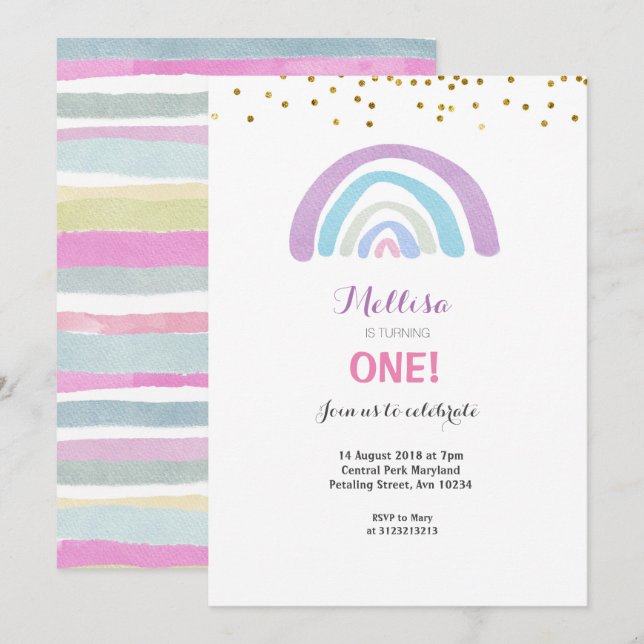 Regnbåge Glitter Rosa 1:a födelsedagsinbjudan flic Inbjudningar (Fram/baksida)