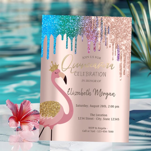 Regnbåge Glitterdroppar Rosa Flamingos Quinceañera Inbjudningar (Skapare uppladdad)