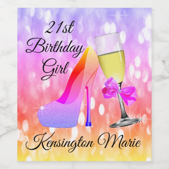 Regnbåge Gnistra 21:a födelsedag med gnistrande Vi Vinflaska Etikett (Singel etikett)