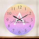 Regnbåge Gnistra Glitter Monogram Namn och ursprun Stor Klocka<br><div class="desc">Regnbåge Pastel Guld,  Lila och Rosa Ombre Gnistra Glitter Monogram Namn och första servarurån. Wall Clock ger perfekten till någon som kärlek gnistra och glitter.</div>