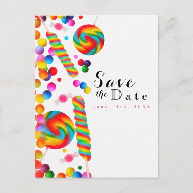 Regnbåge Godis Söt Födelsedagsfest Save the Date Meddelande Vykort (Framsida)