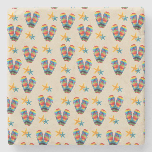 Regnbåge görad randig strandflinflip flops och stenunderlägg (Framsidan)