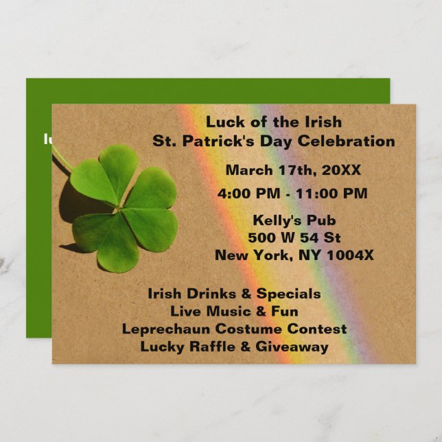 Regnbåge & Grön Klöver Dricker Irländsk   Inbjudningar (Fram/baksida)