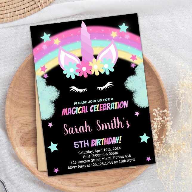 Regnbåge Grön Svart Enhörning Födelsedagsinbjudnin Inbjudningar (Rainbow Green Black Unicorn Birthday Invitations)