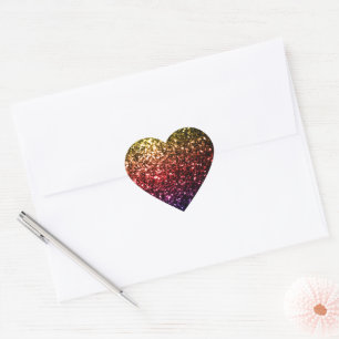 Regnbåge gul röd lila falskt glitter gnistrar hjärtformat klistermärke