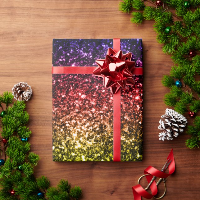 Regnbåge gul röd lila glitter gnistrar v2 presentpapper (Julgåva)