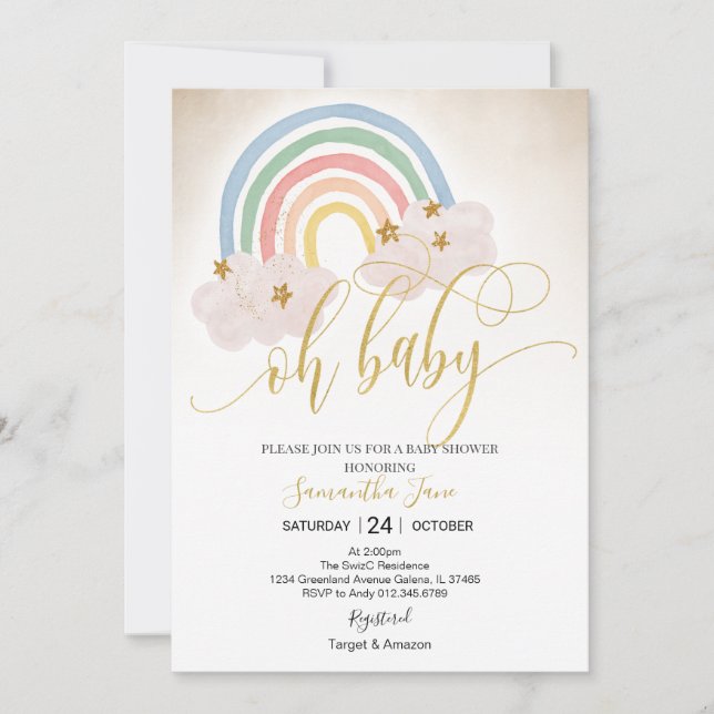 Regnbåge Guld Glitter Baby Sprinkle Oh Baby Shower Inbjudningar (Framsida)