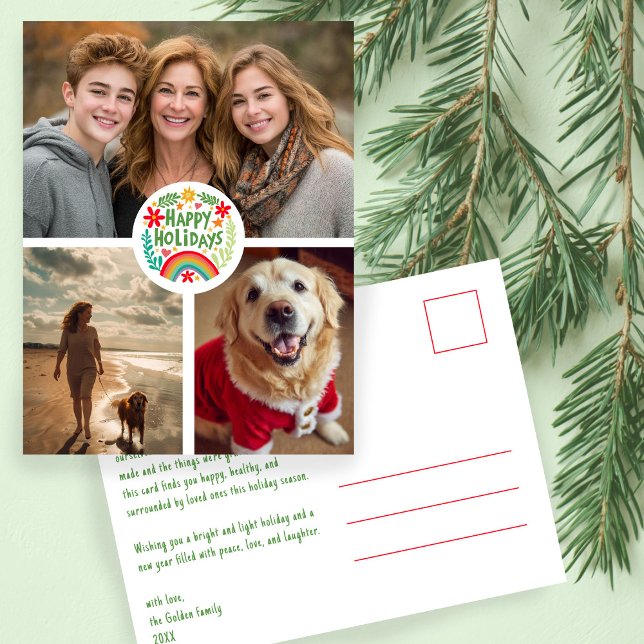 Regnbåge Handritad Söt Semester ANPASSAD 3 FOTO Vykort (Rainbow Hand-Drawn Cute Holiday CUSTOM 3 PHOTO Christmas Postcard
)