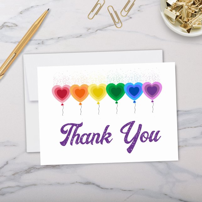 Regnbåge Hearts Ballons vikt - tackkort (Cute heart shaped balloons in rainbow color scheme personalized folded thank you cards)