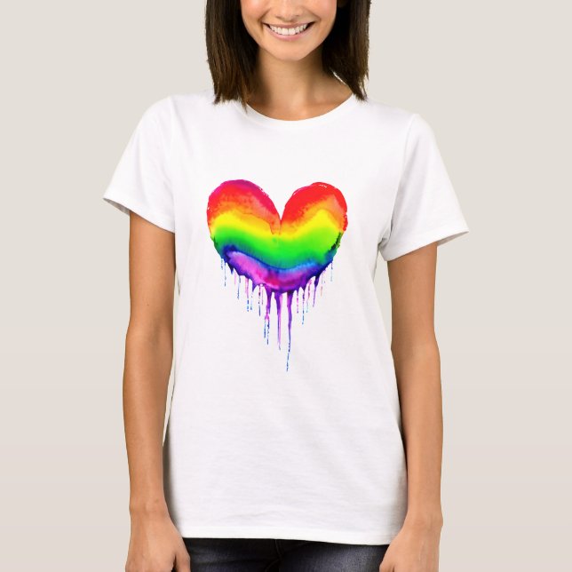 Regnbåge Hjärta Droppande Målarfärg T Shirt (Framsida)