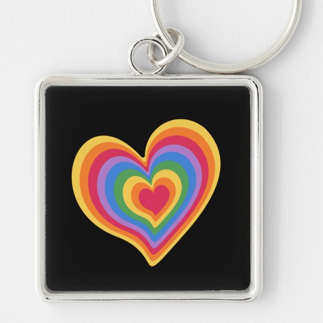 Regnbåge hjärtat. Pride gay kärlek Keychain Fyrkantig Silverfärgad Nyckelring (Framsidan)