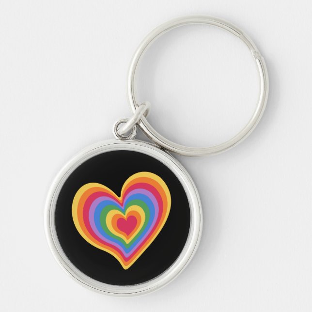 Regnbåge hjärtat. Pride gay kärlek Keychain Rund Silverfärgad Nyckelring (Framsidan)