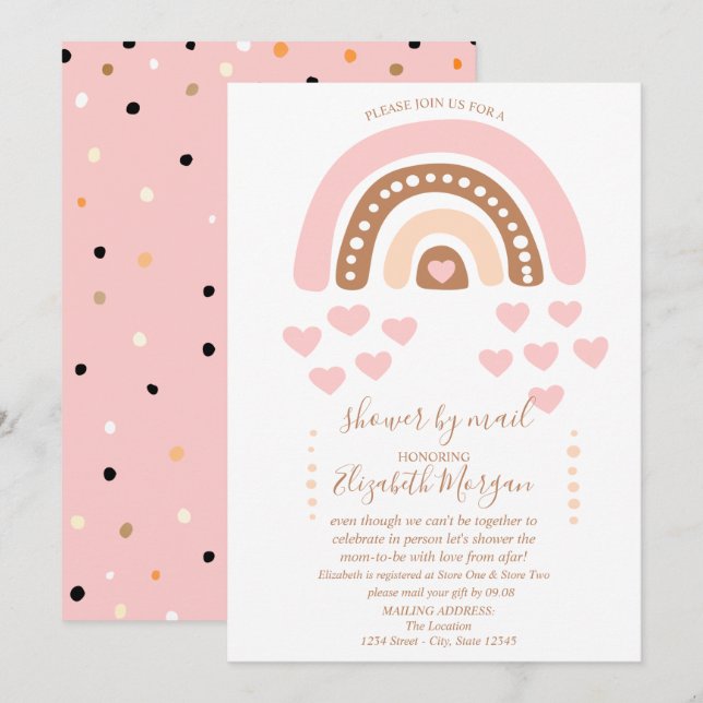 Regnbåge,Hjärter,Prickar,Virtuell baby shower via  Inbjudningar (Fram/baksida)