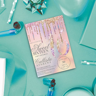 Regnbåge Holograf Glitter Drips Sweet 16 Inbjudningar