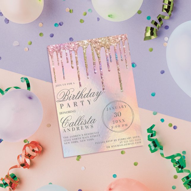 Regnbåge Holograf Glitter Drives Birthday Inbjudningar (Skapare uppladdad)